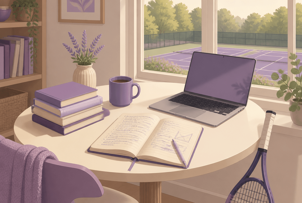 Illustration of a study table with a laptop, books and a tennis racket, overlooking the tennis courts