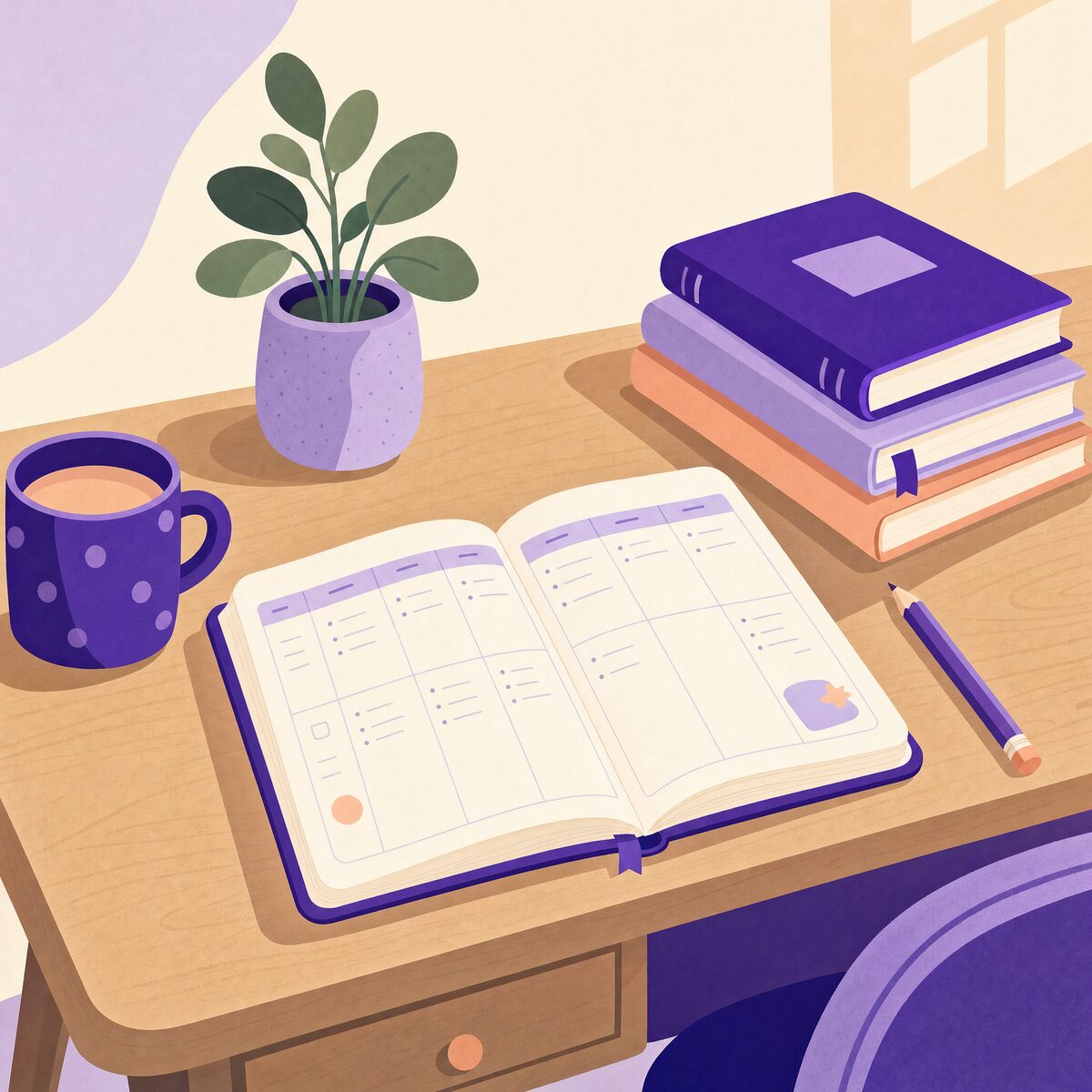 Illustration of a desk with an open weekly plan, books and a plant