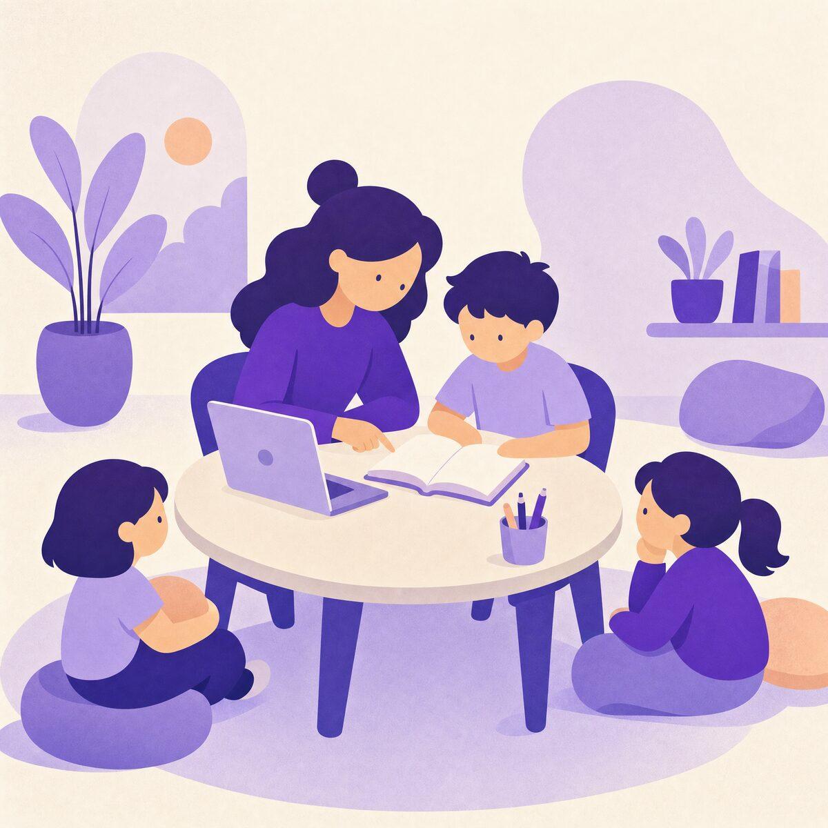 Illustration of an educator and children working at a round table