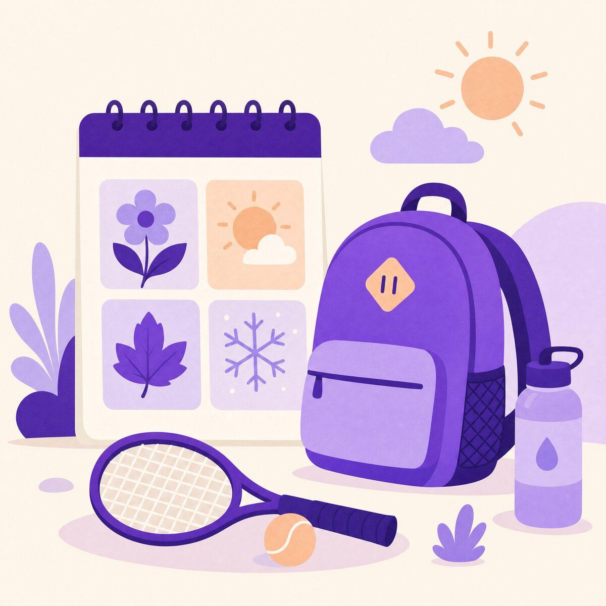 Illustration of a calendar, backpack, tennis racket and water bottle